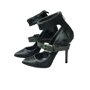 Brian Atwood Dark Green Calf Hair Patent Leather Ankle Strap Pumps Size 36